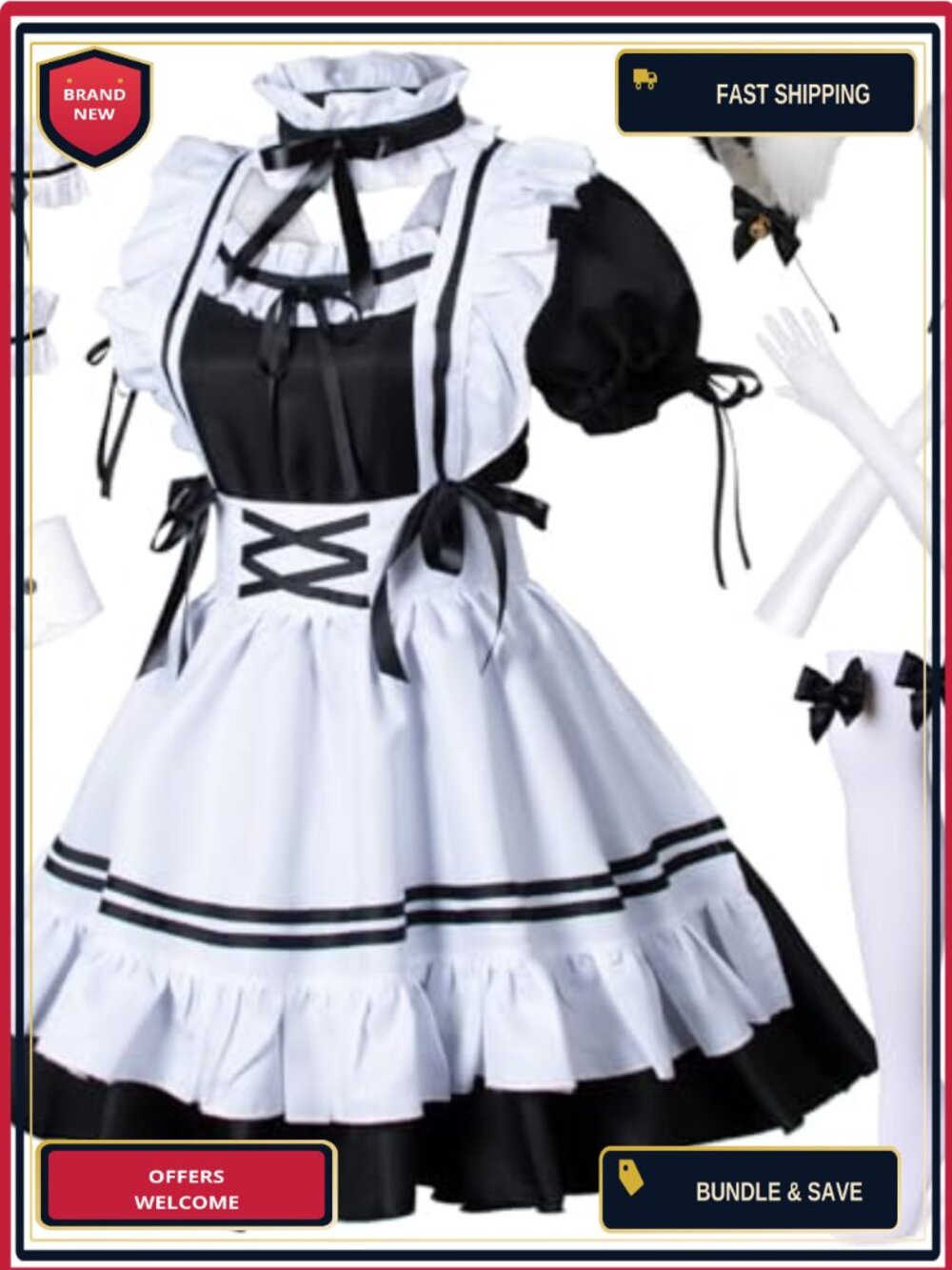 Anime French Maid Apron Lolita Cosplay Costume Set Faux Furry Cat Ears Gloves